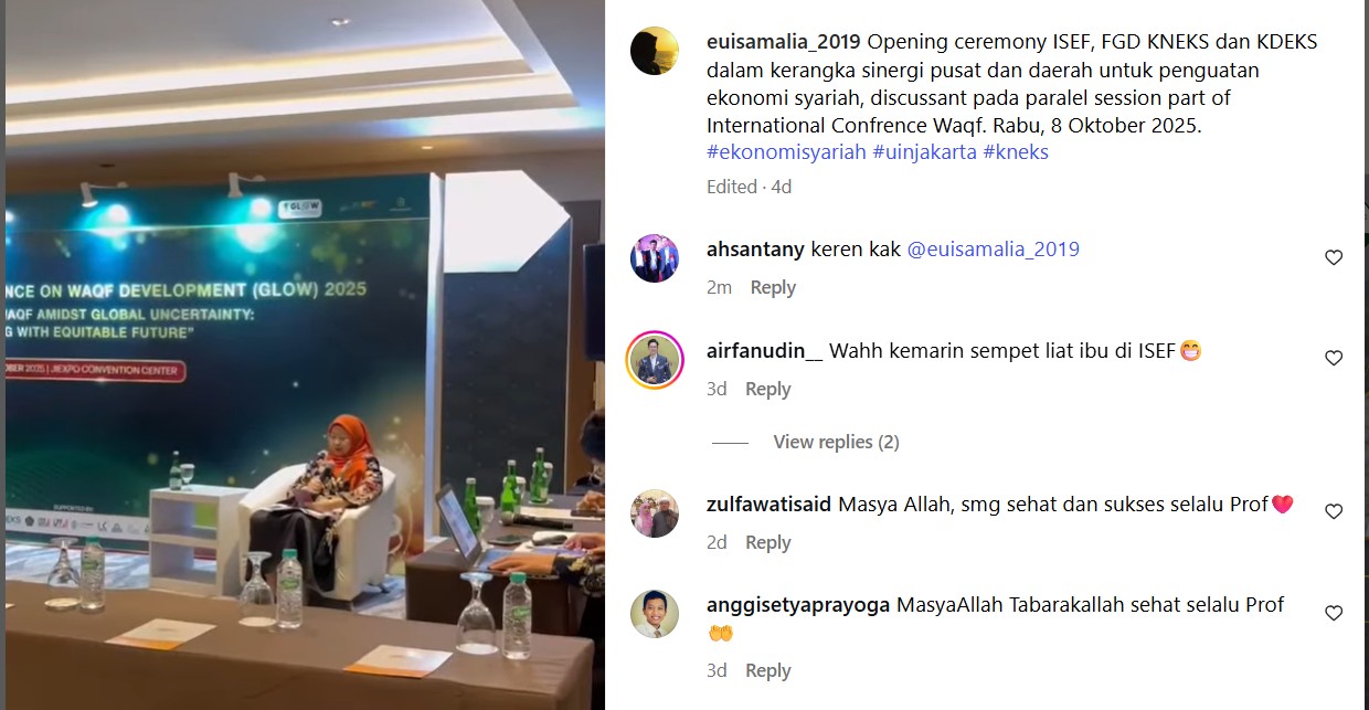 Prof. Dr. Euis Amalia saat menghadiri pembukaan Indonesia Sharia Economic Festival (ISEF) 2025 di JIEXPO Kemayoran sebagai discussant dalam International Conference on Waqf, menegaskan sinergi pusat dan daerah dalam penguatan ekonomi syariah.