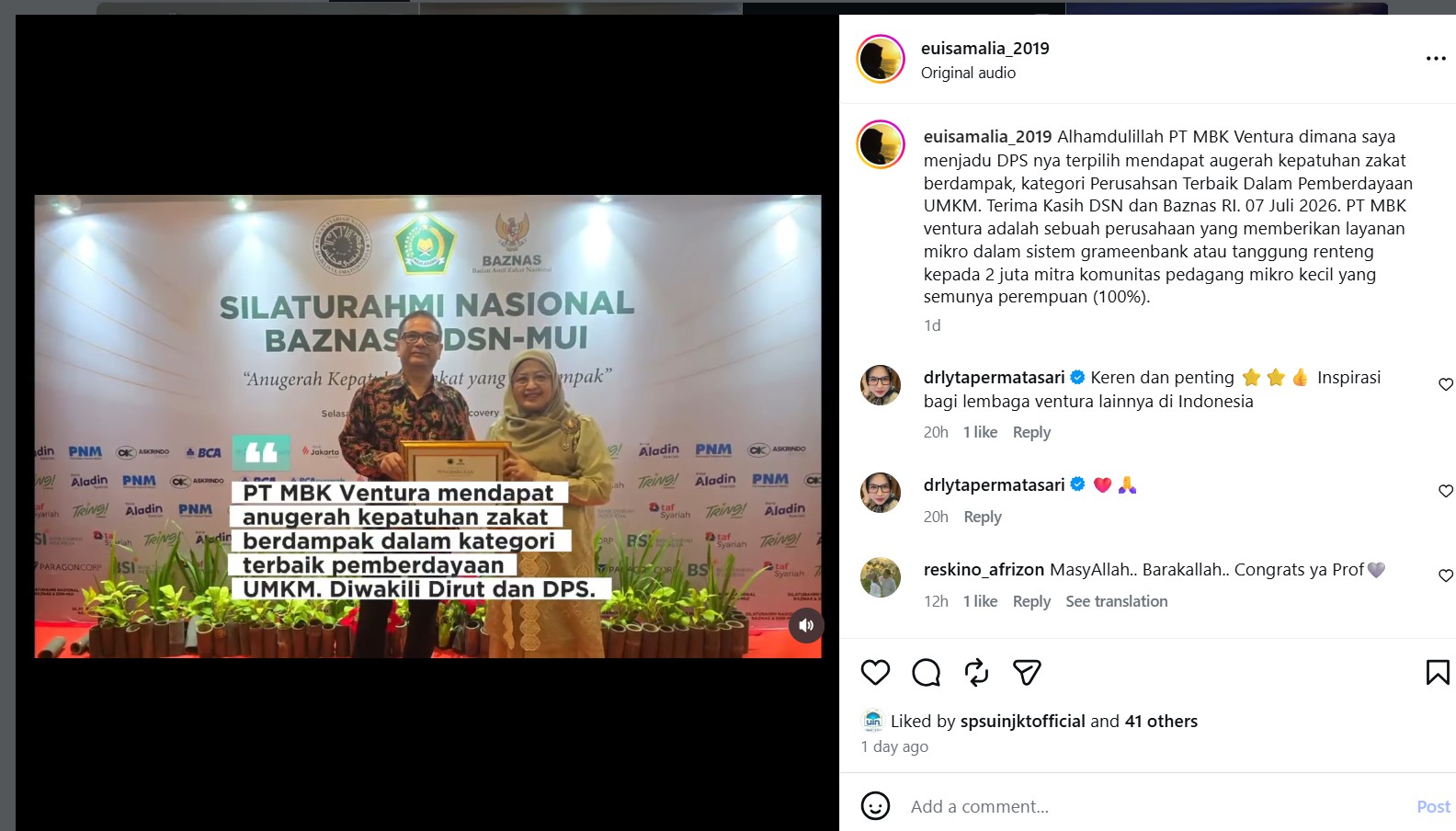 Tangkapan layar unggahan Instagram Prof. Dr. Euis Amalia (@euisamalia_2019) tentang penghargaan yang diterima PT MBK Ventura